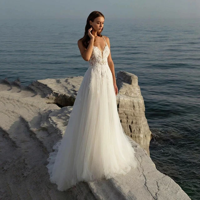 LISER Sexy Sweetheart Lace Wedding Dress Spaghetti Strap Tulle Beach Bridal Gown Sleeveless A-Line Robe