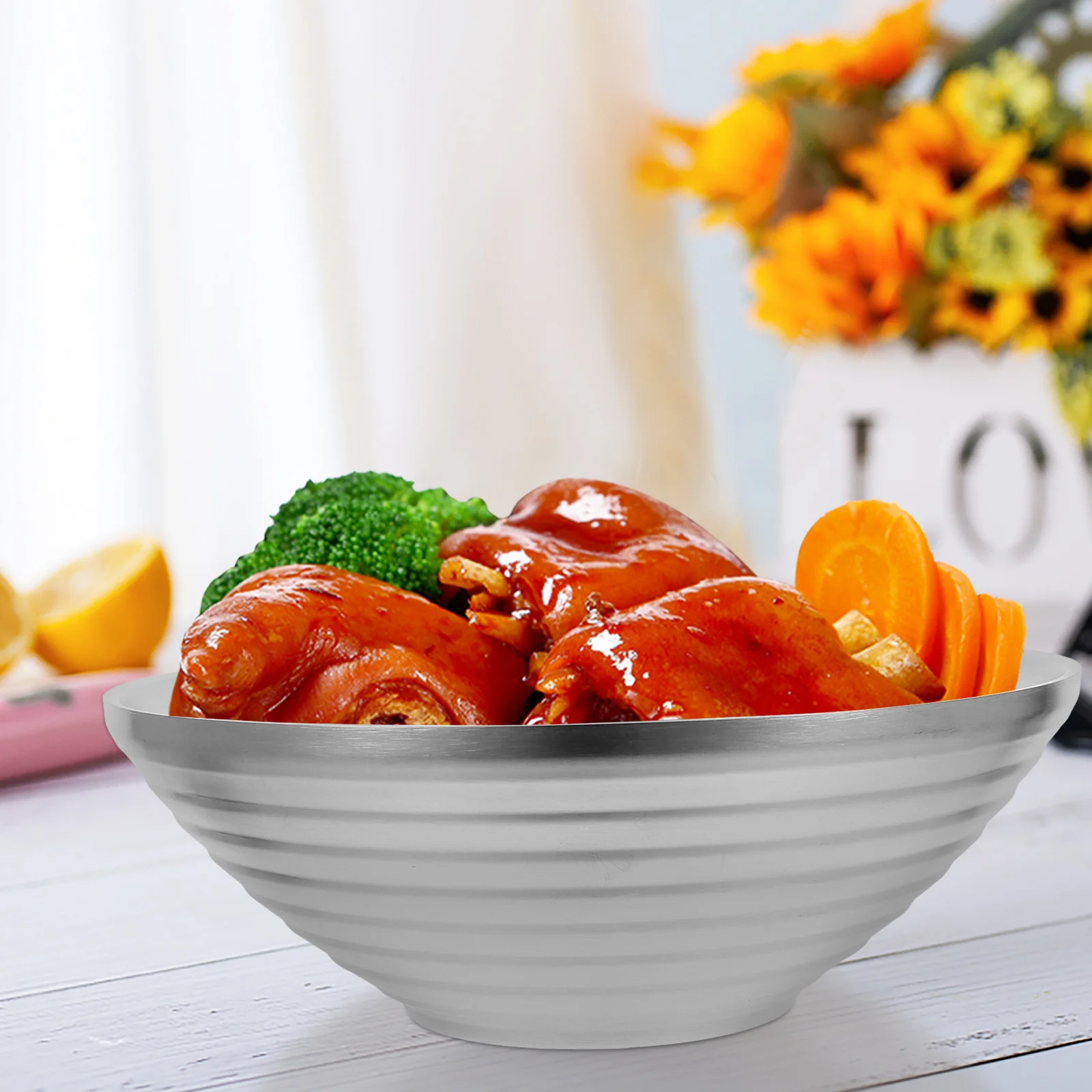 Double Layer Heat Resistant Stainless Steel Ramen Noodle Bowl Large Capacity Household Multi-Function Food Bowl