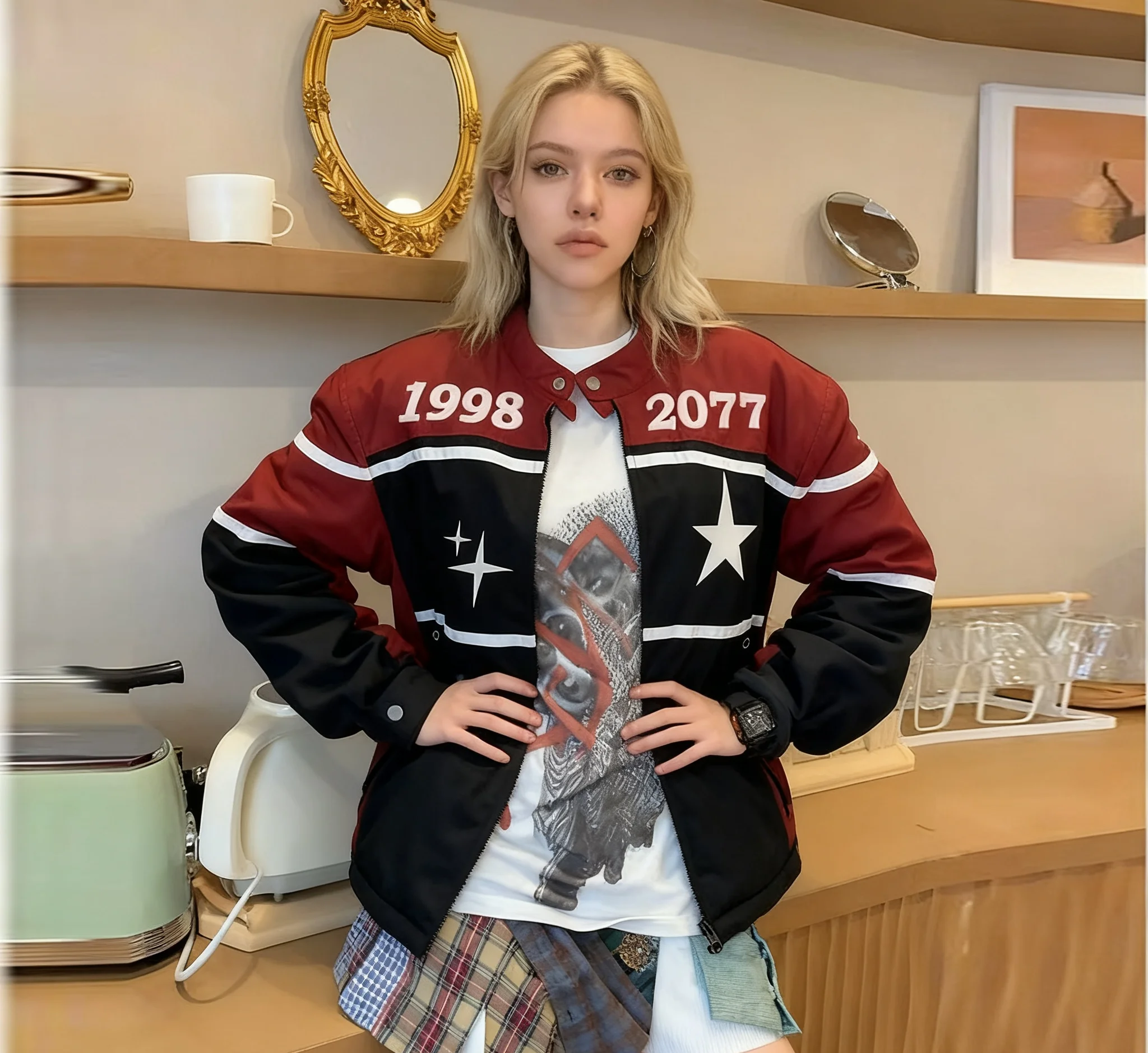 

Baseball Jackets Hip Hop Womens Winter Cycling Baggy Epaulets Padding Crop Rider Matching Splicing European Style Sleeved Suede