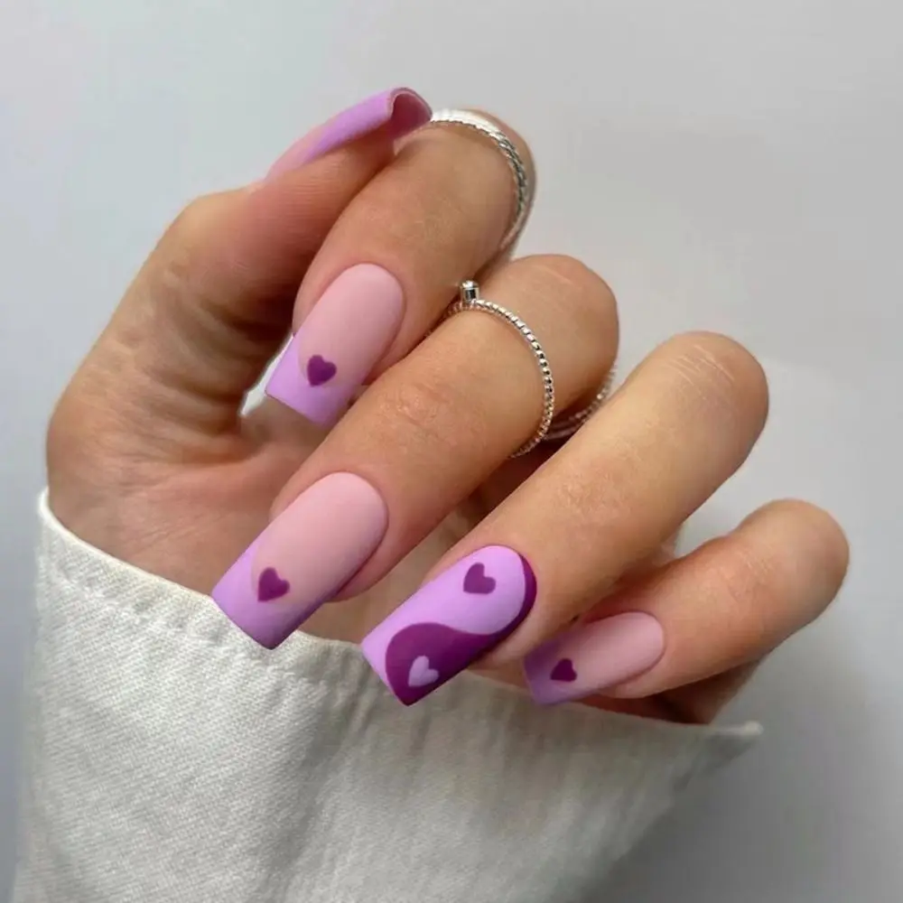24pcs Manicure Fake Nials DIY Press on Nails Short Square French Red Love Heart False Nails