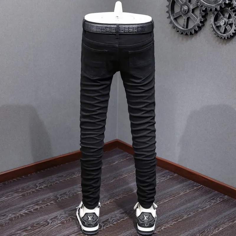 Men's High Street Fashion Washed Nostalgic Patchwork Slim Fit Black Jeans Elastic Waist Hip Hop Designer Brand Pants Hombre