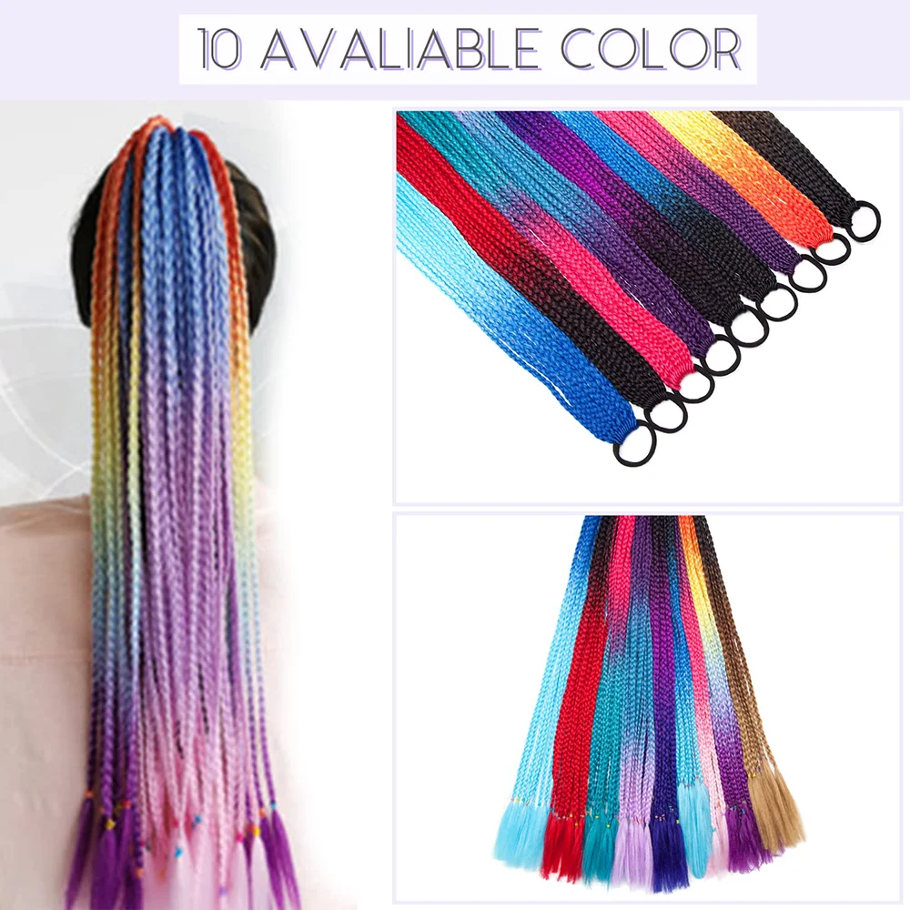 Synthetic Rainbow Hairpiece Colored Jumbo Braids Ponytail Overhead Tail with Rubber Elastic Band Braids Pigtail