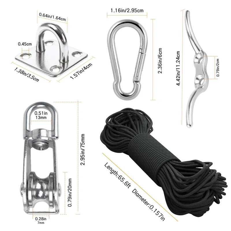 M20 Stainless Steel Pulley System Kit-Heavy-Duty Pulley Wheel, Pulley Block With Nylon Rope 4MM, Hooks, Plate Durable (2 Pack)-A