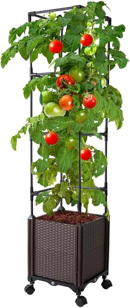 

56" Raised Garden Bed with Tomato Cage & Trellis, Self-Watering Planter Box for Vegetables Flowers, Lockable Wheels, Easy