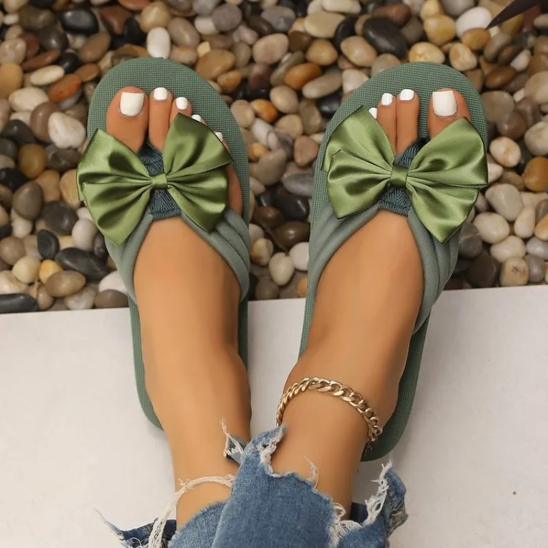 Women's Slip on Thong Sandals Backless Open Toe Low Platform Footwear Prominent Bow Accent Casual Outdoor Summer Beach Slippers