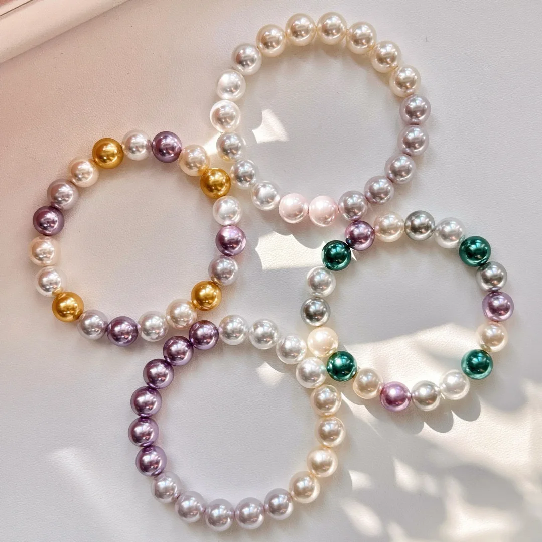 10mm Winter French Instagram Style Mixed Color Candy Faux Pearl & Crystal Bracelet Stackable Beaded Stretch Hand Chain for Women