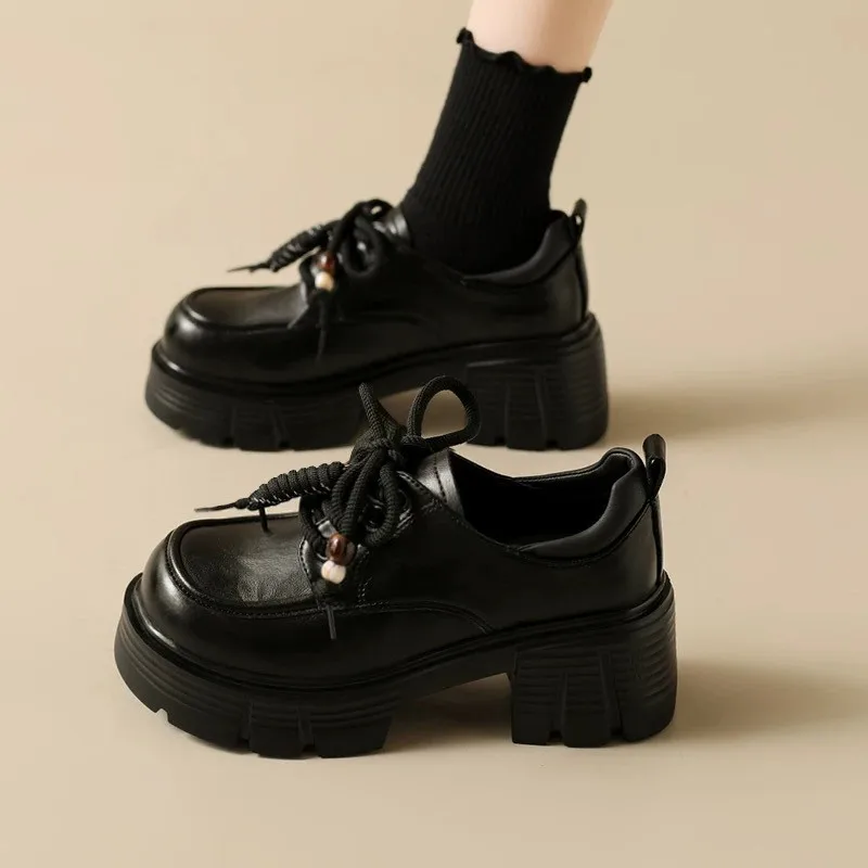 

Women's Thick Heel Loafers Heightening Small Size 7cm Autumn New Style Genuine Leather Single Shoes British Style Cross Buckle