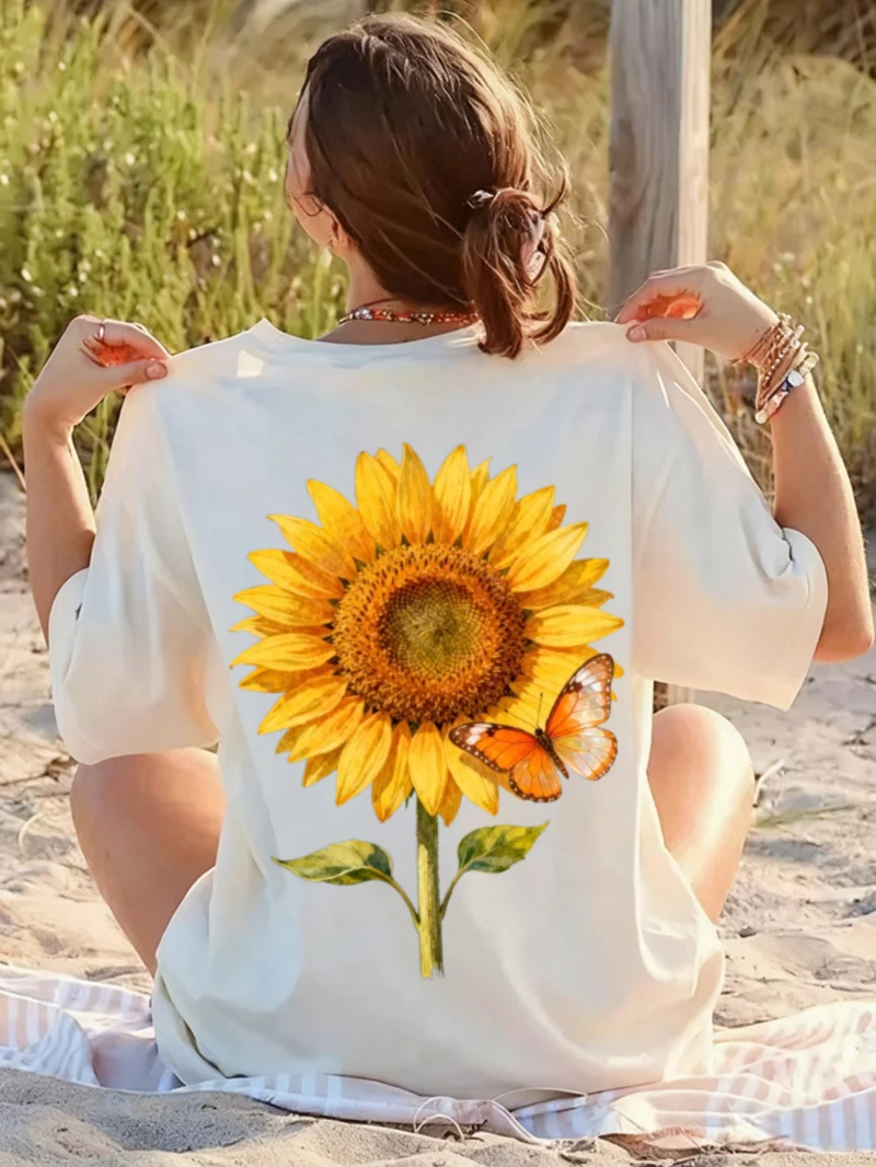 

Женская футболка с короткими рукавами, принт подсолнечника и бабочки, летняя пляжная повседневная одежда, модное женское платье