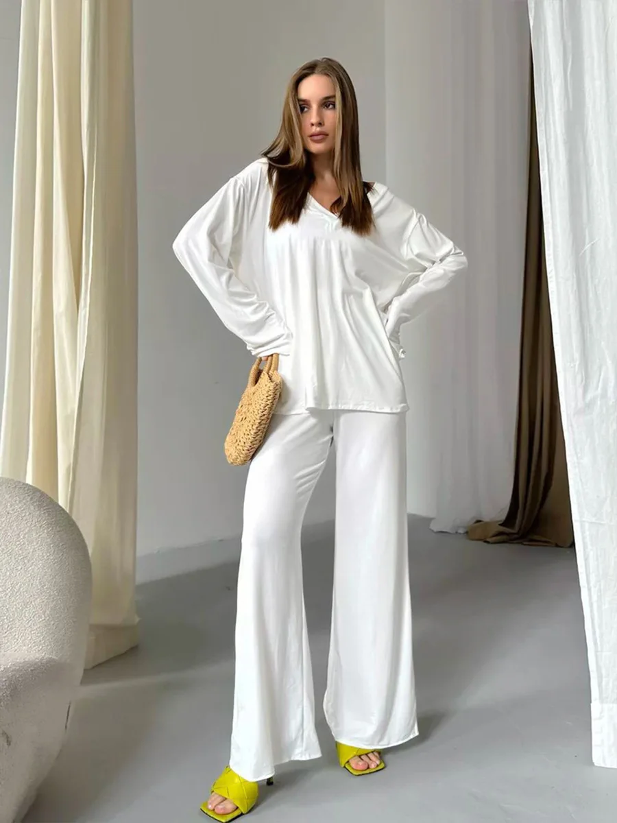 

Blubelle женский вязаный пижамный комплект с v-образным вырезом и длинными рукавами, летний новый стиль, простая пижама, свободный повседневный комплект со штанами