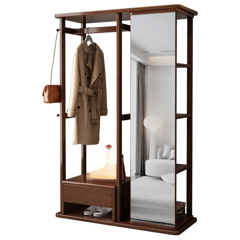 

Solid wood coat rack integrated rack rotating fitting mirror full body mirror household