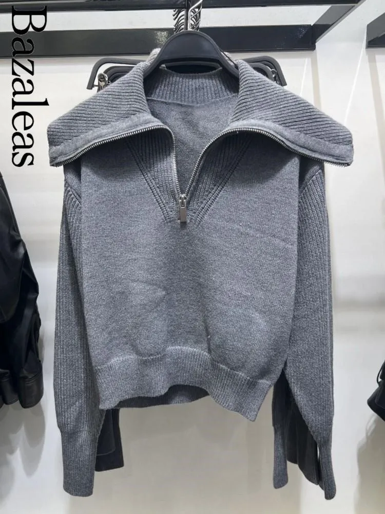 2024 Store Traf Basic Zipper Cropped Knit Pullover Official Women's Sweater Elegant Grey Knitted Top