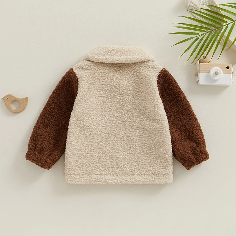 Suefunskry Toddler Boys Girls Autumn Winter Casual Coat Long Sleeve Lapel Zipper Closure Contrast Color Soft Fuzzy Outerwear