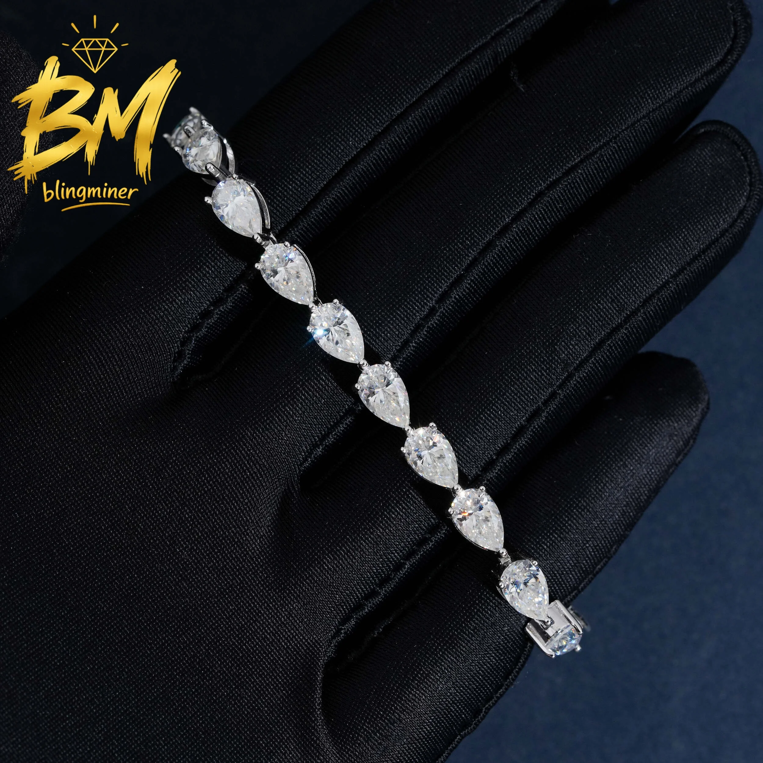 Blingminer 5.5mm Pear Cut Moissanite Tennis Chain Bracelet For Men Women S925 Silver Jewelry Pass Diamonds Tester Free Shipping
