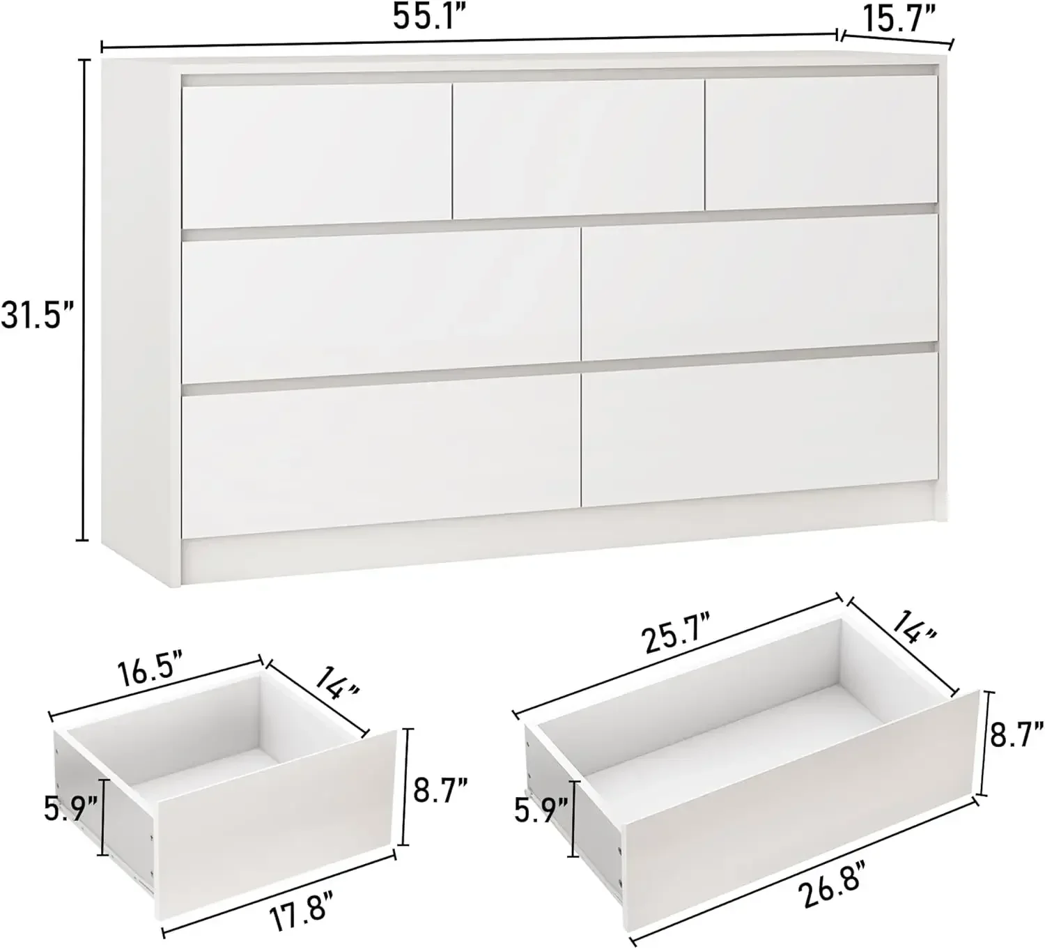 White Malm Dresser for Bedroom, 55 Inch Long Dresser High Gloss Dresser with 7 Drawers, Modern Large Wood Chest, White