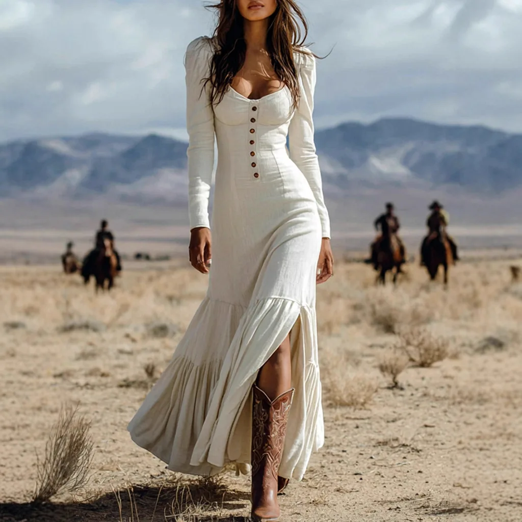 

2026 New Women's Summer Dress Retro Western Style Button Gathered Long Sleeve Sexy Long Dress for Women