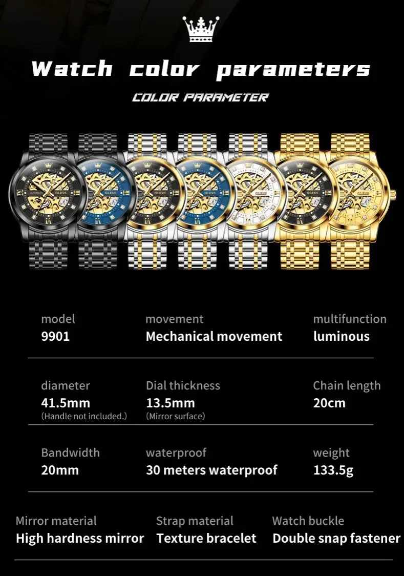 OLEVS 9901 Full Hollow Mechanical Watch for Men Stainless Steel Waterproof Luminous Skeleton Diamond Scale Automatic Wristwatch view 6