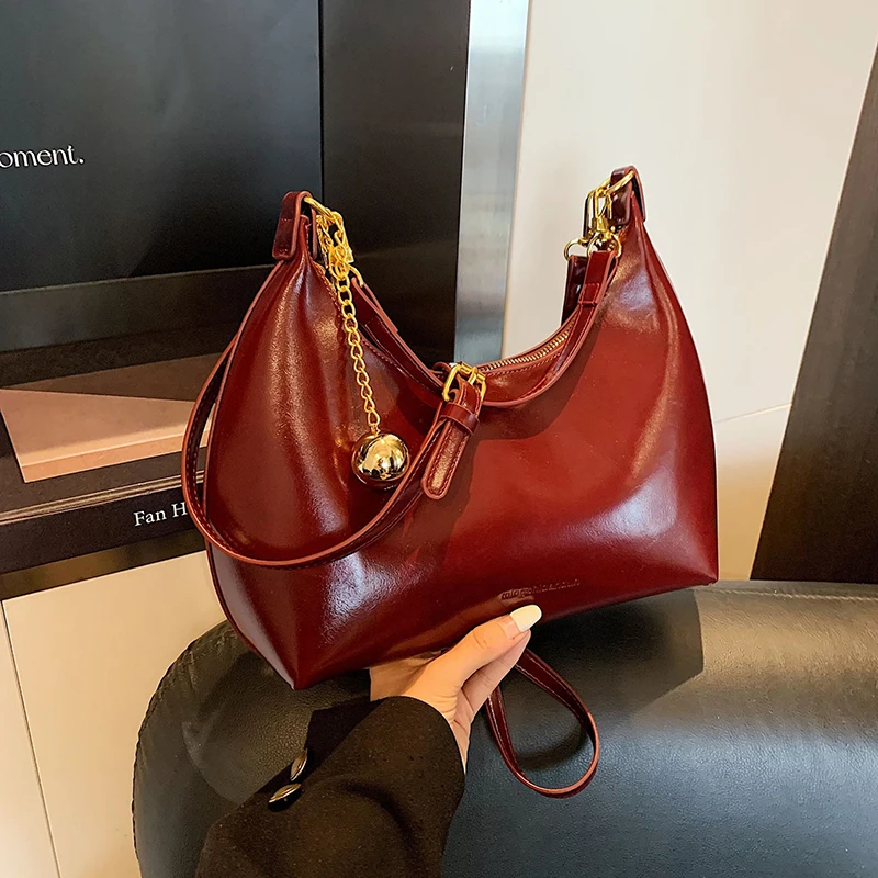 

French Style Retro Burgundy One Shoulder Bag Women's Classic PU Leather Texture Crossody Bag Fashion Versatile Commuter Handbags