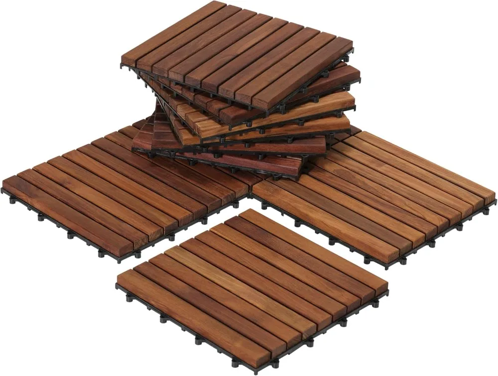 

Bare Decor EZ-Floor Interlocking Flooring Tiles in Solid Teak Wood Oiled Finish (Set of 10), Long 9 Slat