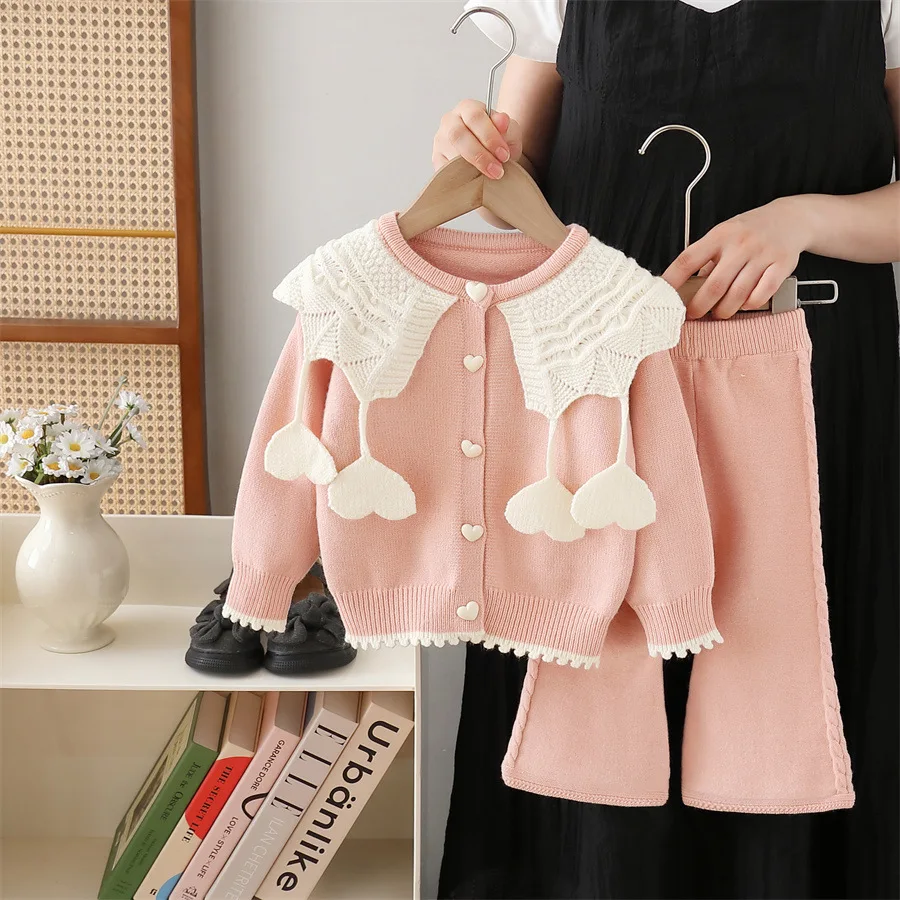 2-6Y Children's Clothing Sets Love Knit Cardigan Sweater + Wide-leg Pants 2pcs Sets Baby Girl Outfit Set Kids Boutique Clothes