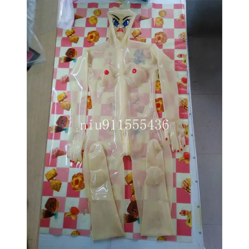

Latex Catsuit Transparent Full Body 3d Breast Rubber Bodysuit Full Cover Suit with Back Crotch Zip Hoods Gloves Socks Women