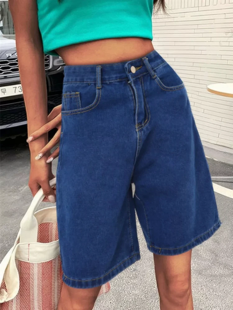 Fashion High Waist Denim Shorts Leisure Loose Comfort Classics Women's Shorts Simple Versatile Dark Blue Women's Denim Shorts