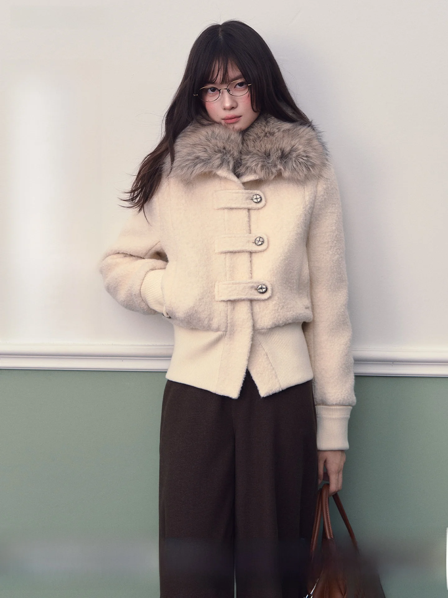 

Soote Season Original Milk White 70 Wool Patchwork Thickened Short Quilted Coat with Fur Collar Korean Style Women's Jacket