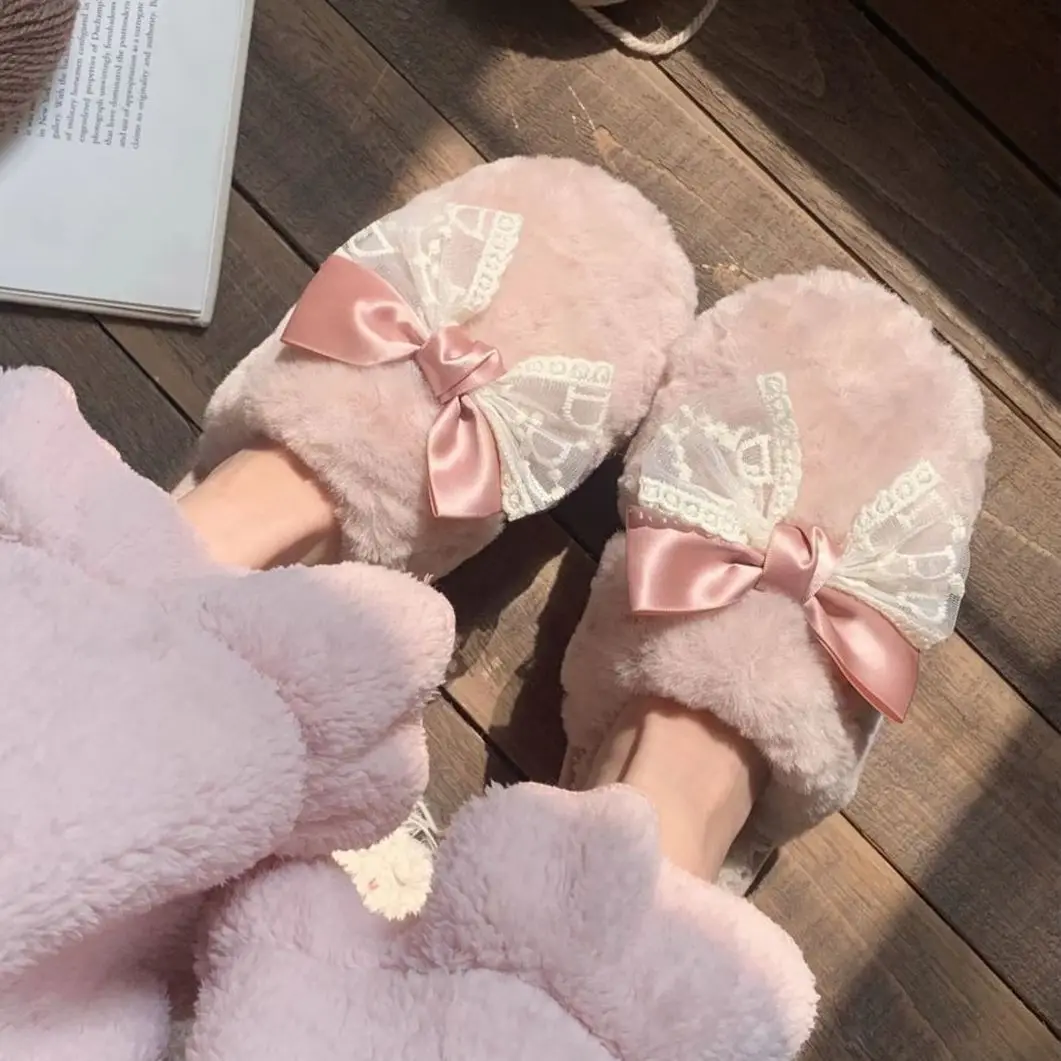 Winter Hot Sale Ladies Thick Sole Anti Slip Warm Indoor Slippers with Bow Design Velvet Furry Cotton Slippers for Home Use