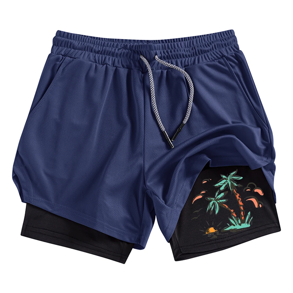 

Мужские летние пляжные шорты с принтом кокосовых пальм, двухслойные шорты для фитнеса и тренировок, быстросохнущие и дышащие, с карманом для телефона
