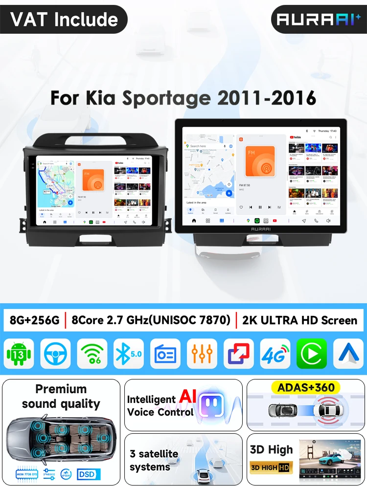 AURA AI 7870 2K Scherm 4G Carplay Android autoradio GPS voor KIA Sportage 3 2010-2016 Speler ADAS Camera Autoradio WIFI Stereo Video - afbeelding 2