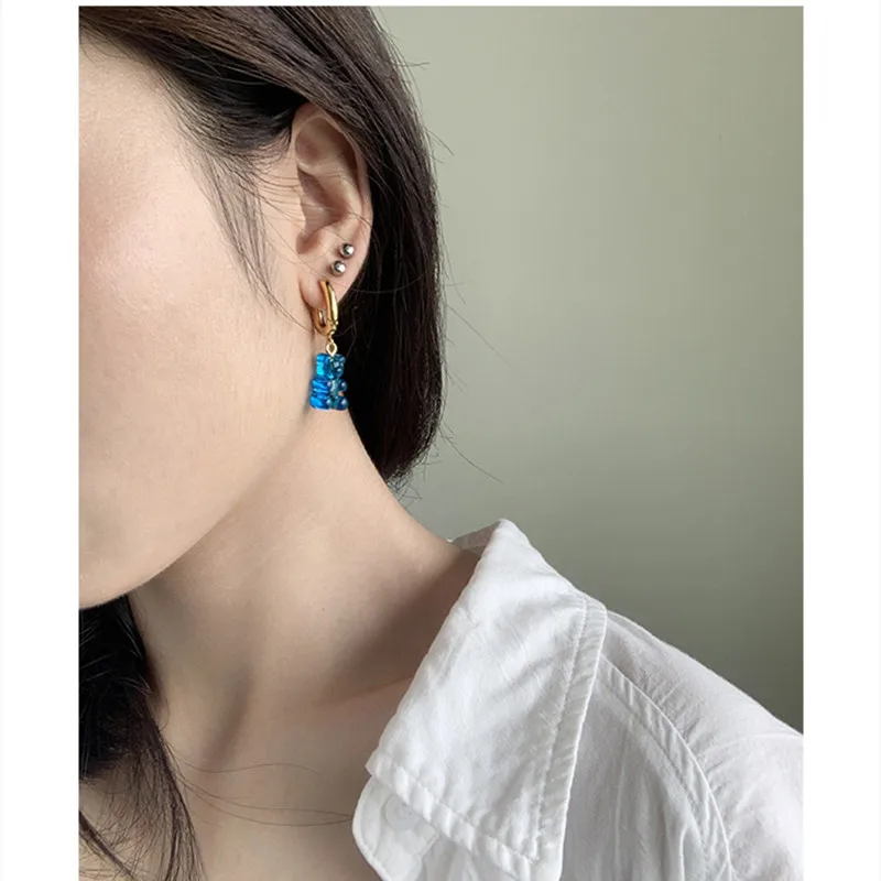 Modern Jewelry Little Bear Earrings Lovely Blue Green High Quality Brass Transparent Resin Drop Earrings For Women Accessories