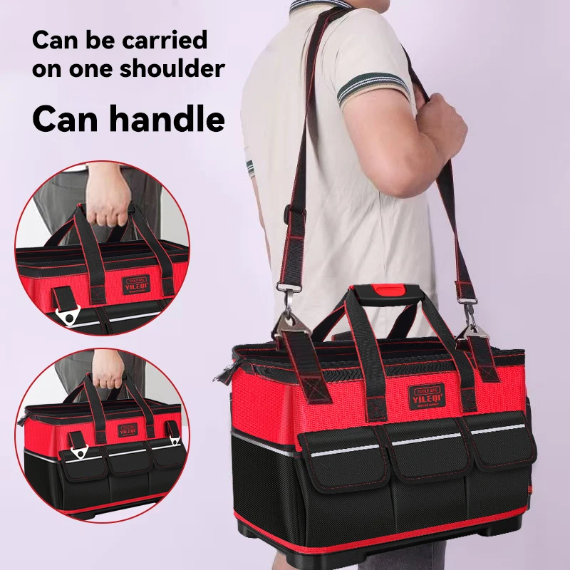 A Red Electrician'S Tool Bag Available in 17-Inch, 19-Inch, And 23-Inch Sizes, Featuring a Square Pocket Made of Thick Canvas And Oxford Cloth, Designed for Maintenance Tool