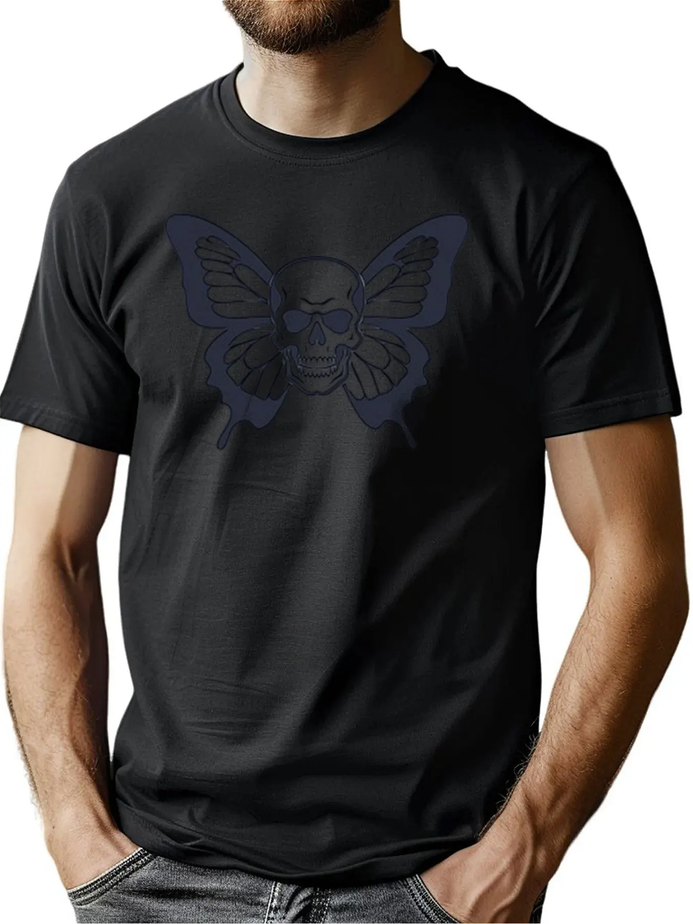

Men's Premium Cotton Crew Neck Tee With Skull Butterfly Wings Print, Soft Casual Shirt For Outdoor Activities, Christmas Gift F