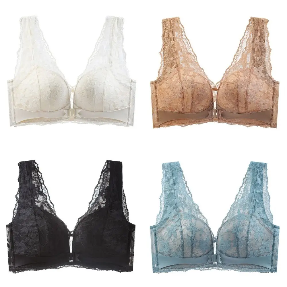 New Lace Front-fastening Bra V Neck Design Anti-sagging Support Push-up Thin Bra Breathable Wire-free Bra Comfortable Daily Use