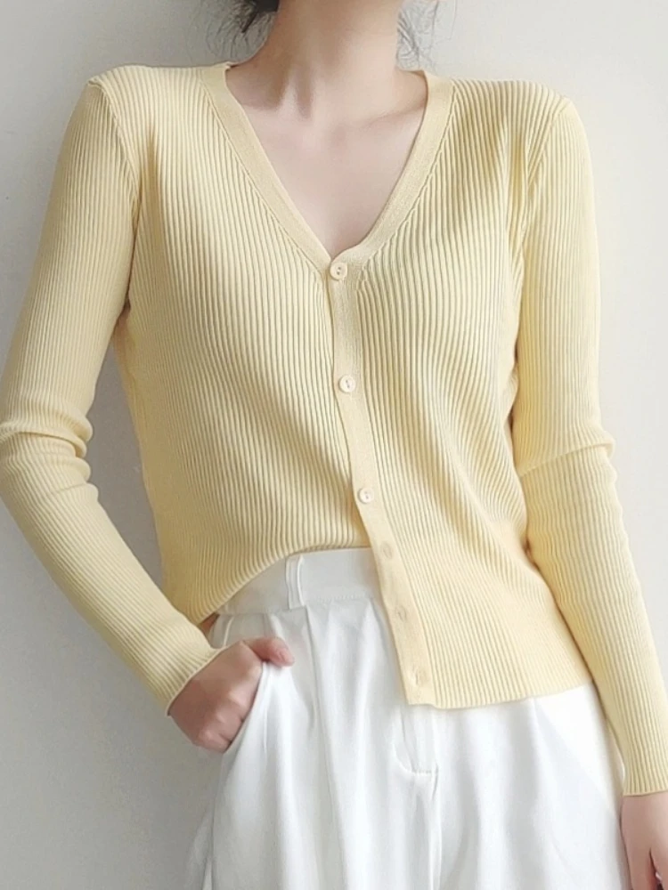 

2026 Spring Summer New Stylish V-Neck Knit Women's Cardigan Slim Long Sleeve Yellow Sweater Coat For Petite