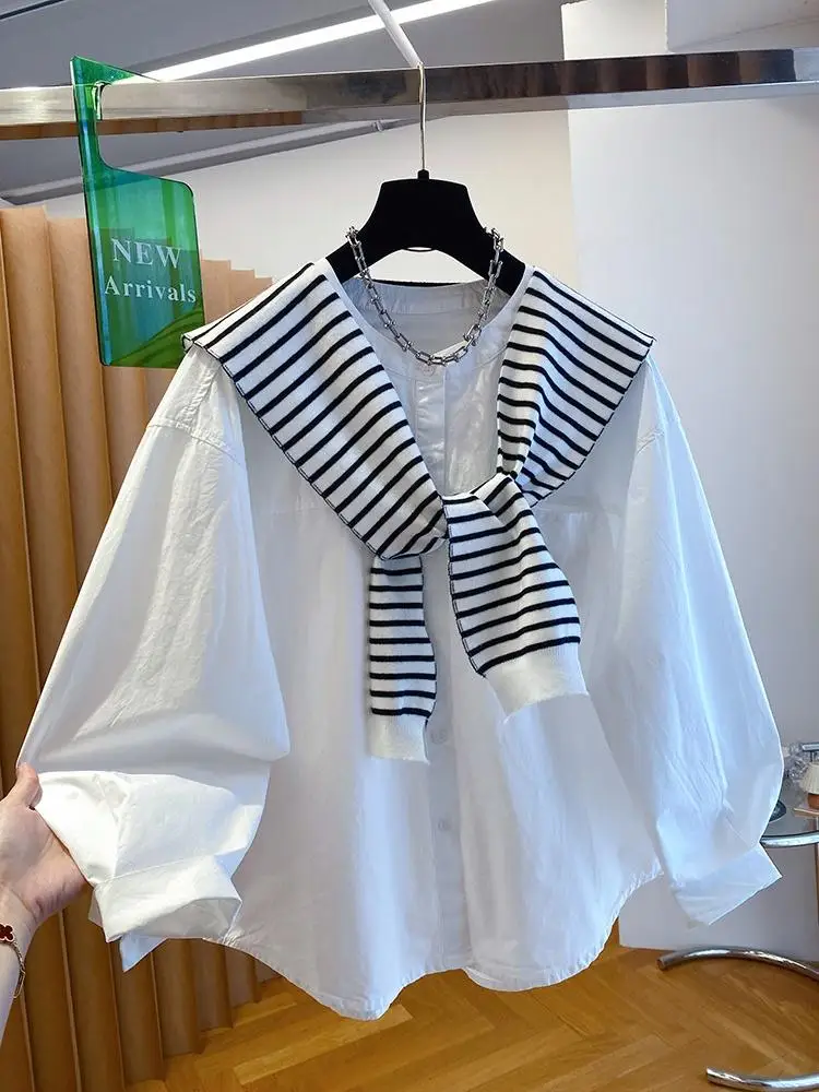 Women Detachable Shawl Collar Long Sleeve Shirt 2026 Autumn New Korean Style Loose Casual Blouse Elegant Unique Tops