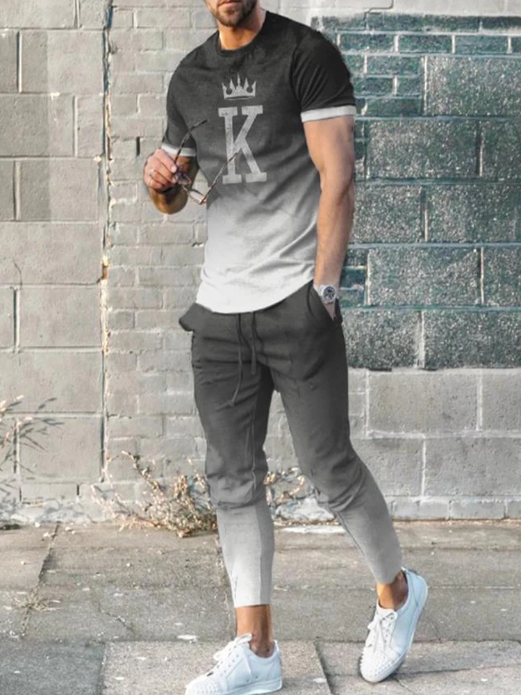 Summer Men Tracksuit Set Casual T-shirts Trousers 2 Piece Striped 3D Printed Fashion Oversized Short Sleeve Jogging Suit
