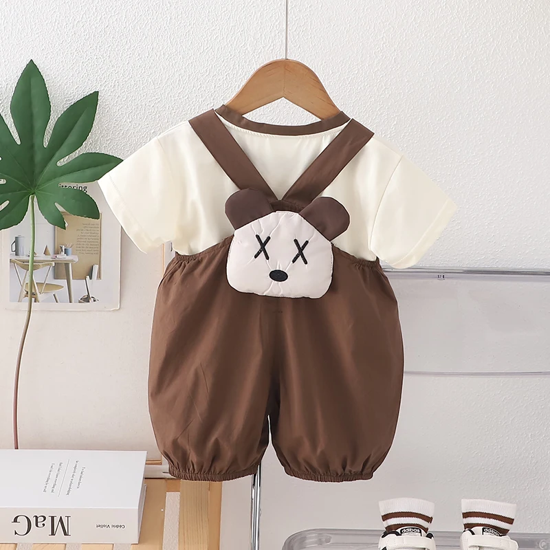 

Infant Boutique Clothing Summer Kids Boys Sets Solid Colour O-neck Casual T-shirts And Cartoon Overalls Two Piece Baby Outfits
