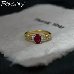 Foxanry Gold Color Red Zircon Rings For Women Girls French Vintage Fashion Classic Elegant Romantic Anniversary Jewelry Gifts
