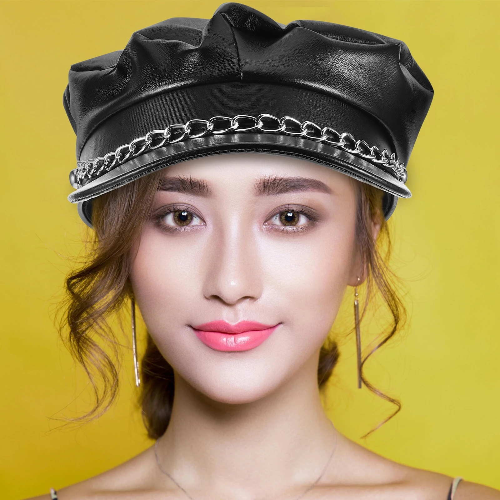 

Black PU Chain Sailor Hat Vintage Flat Top Short Brim Men Women Costume Party Travel Accessory Newsboy Cap Polices Hat