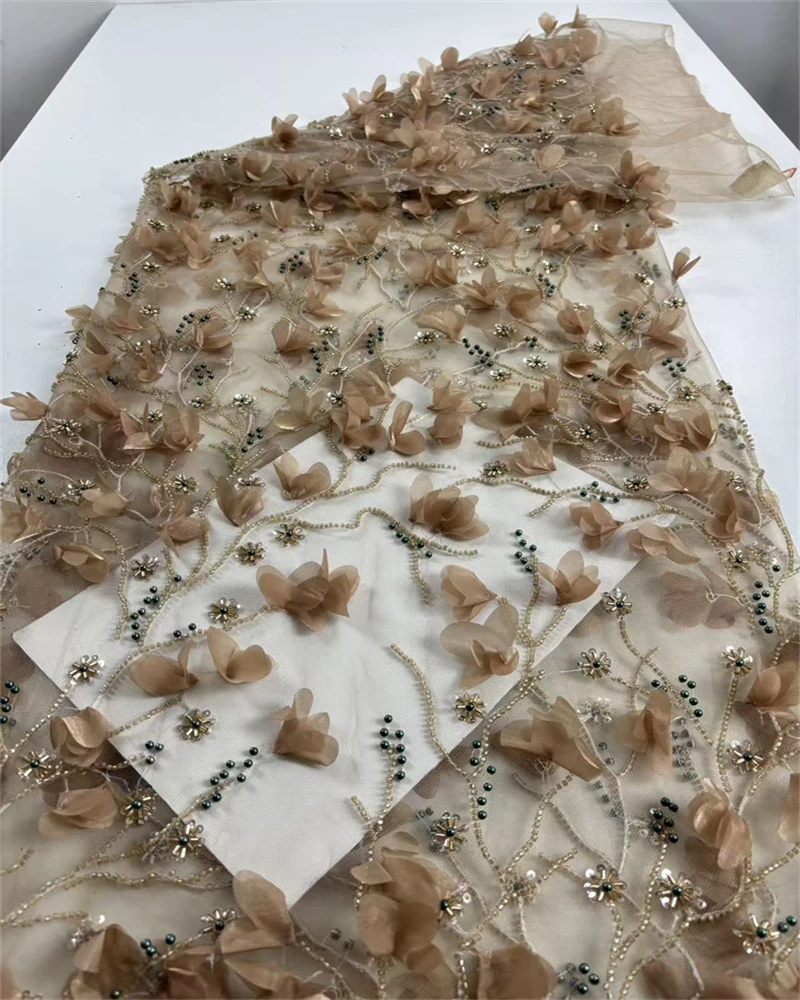 3Dフラワーフレンチレース生地、ビーズネット、ウェディング用スパンコール付きアフリカンレース、高品質