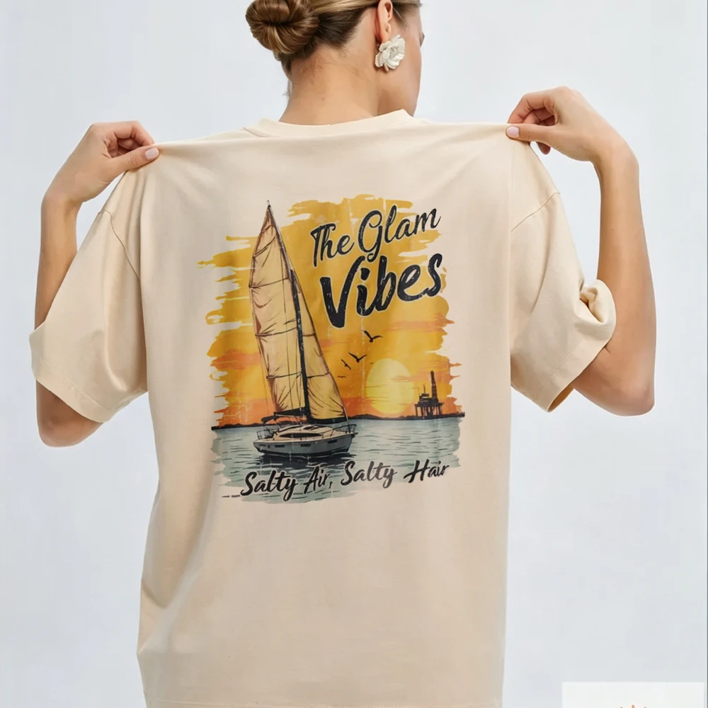 Beige Oversized Sailboat Beach Scene Crew Neck Short Sleeve Top Watercolor Sunset Birds Dock