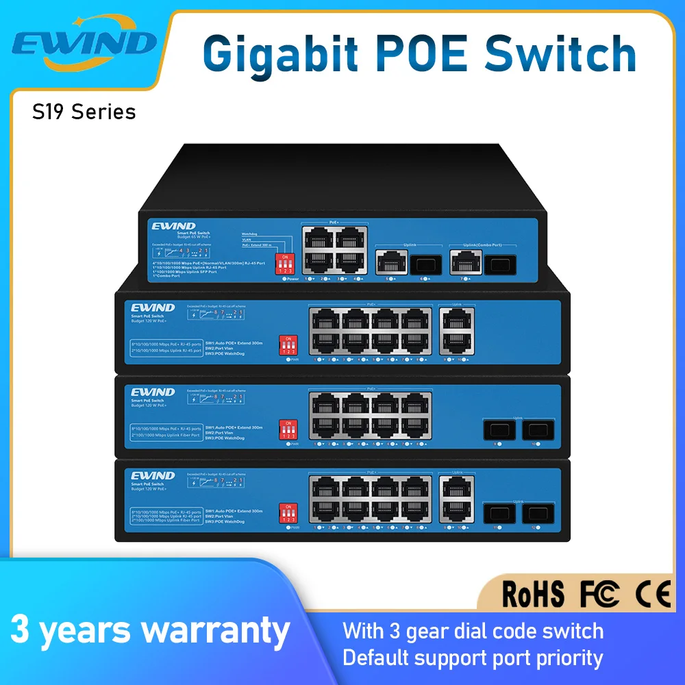 Ewind-Ethernet switch, Ethernet switches de rede, ethernet completo, com slot sfp, para a câmera ip, sem fio, 10/100/1000mbps