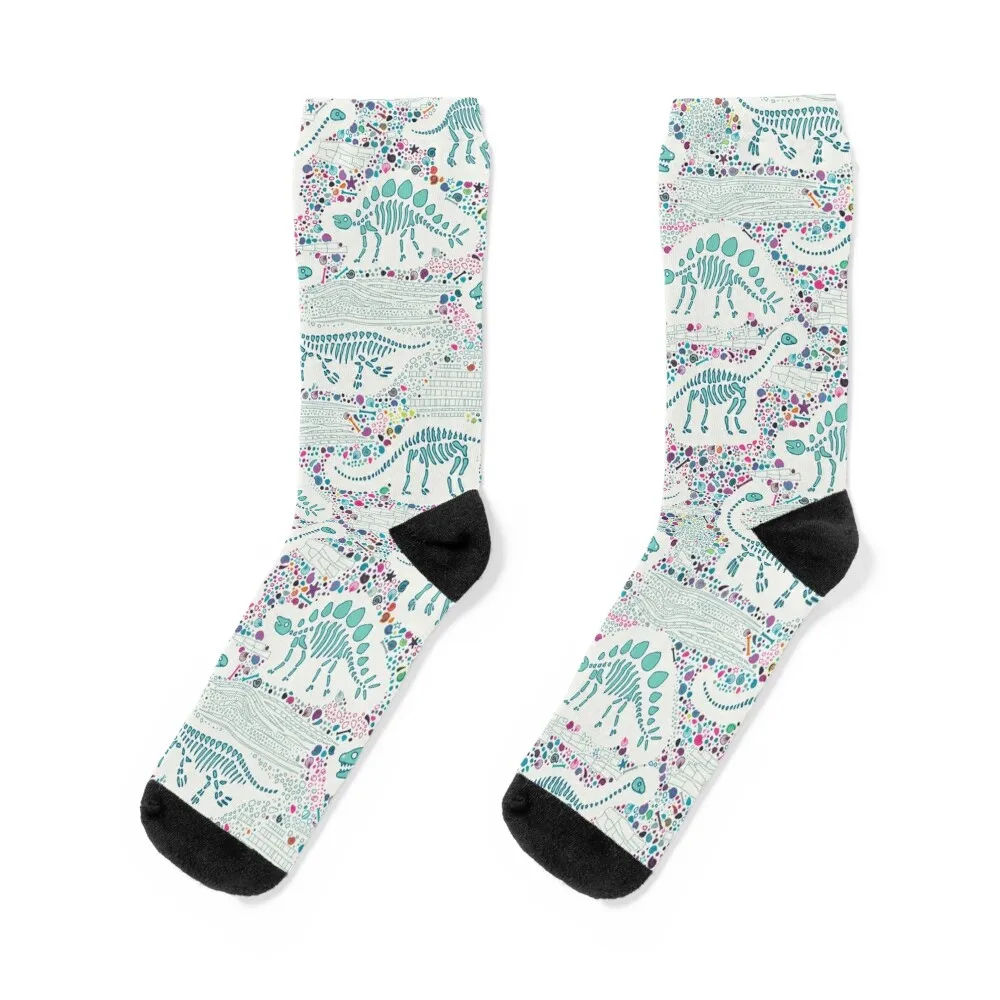 Dinosaur Fossils - aqua on white - Fun graphic pattern by Cecca Designs Socks hiking christmas gifts Ladies Socks Men's