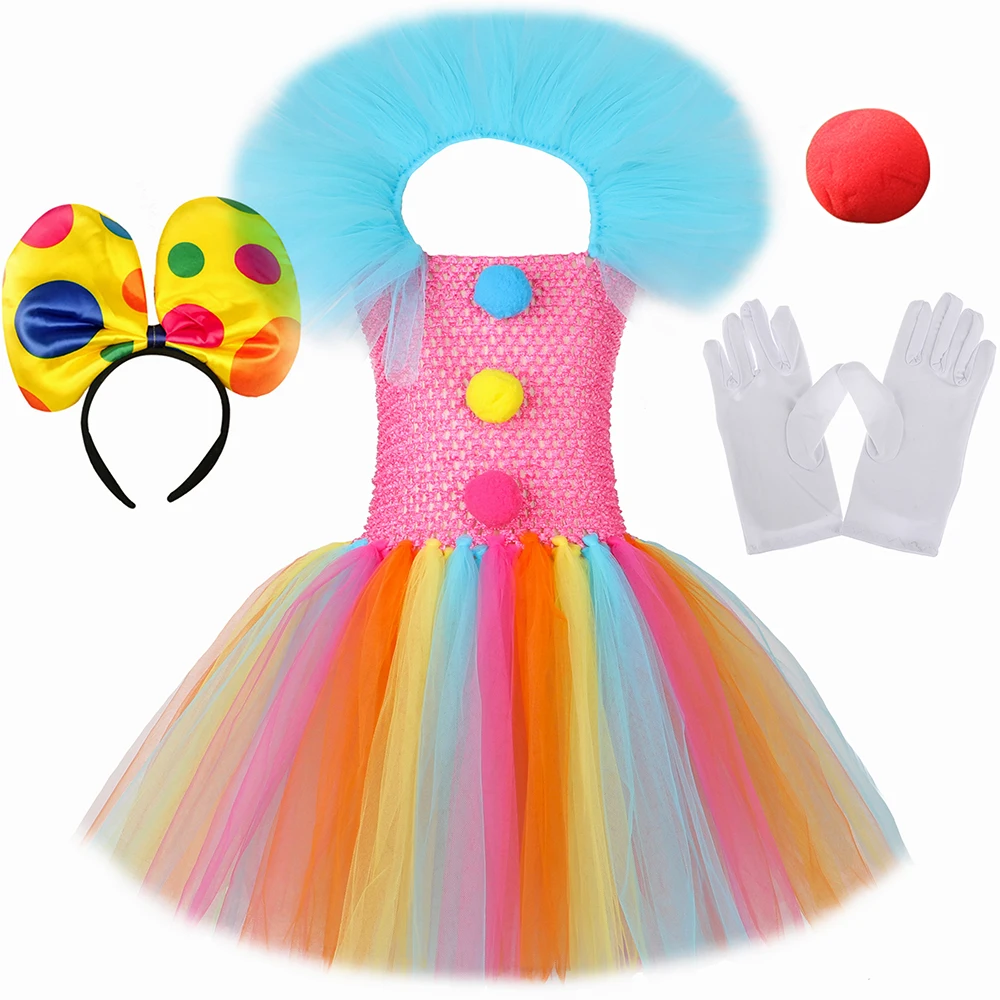 

Halloween Circus Clown Costume for Kids Christmas Carnival Party Variety Dress Up Girls Rainbow Funny Joker Cosplay Tutu Dress