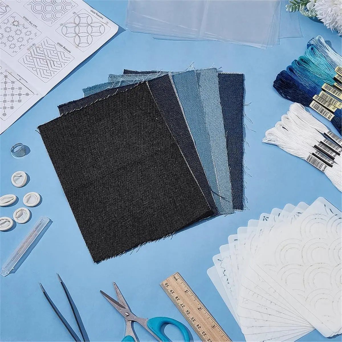 DT57 LATEST MODEL Embroidery Kit for Beginners Total Water Soluble Denim Fabric Threads Molds Finger Covers Floss for Hand Sewin