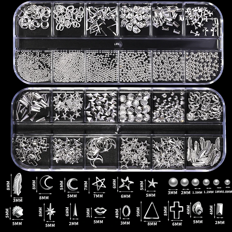 6 Boxes Mixed Silver Nail Art Charms Kit, Metal Rhinestone Pearl Ornaments with Pickup Pen for DIY Craft