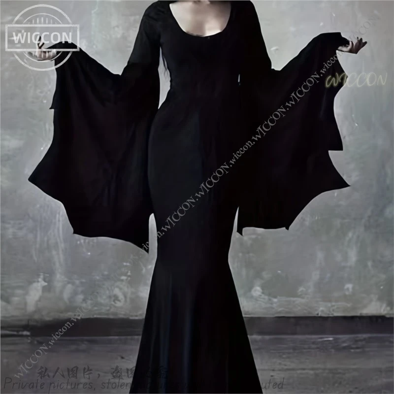 

Morticiaa Dress Gothic Women V Neck Long Dress Casual Long Batwing Sleeve Cosplay Costume Slim Fit Party Club Clothing Addams