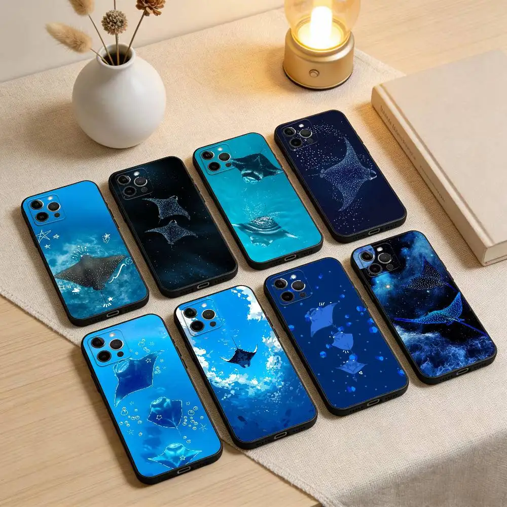 

Cartoon-Boy-Sea-Manta-Ray Phone Case For iPhone 17,16,15,14,13,12,11 Plus,Pro Max,XS,Soft Silicone Black Cover