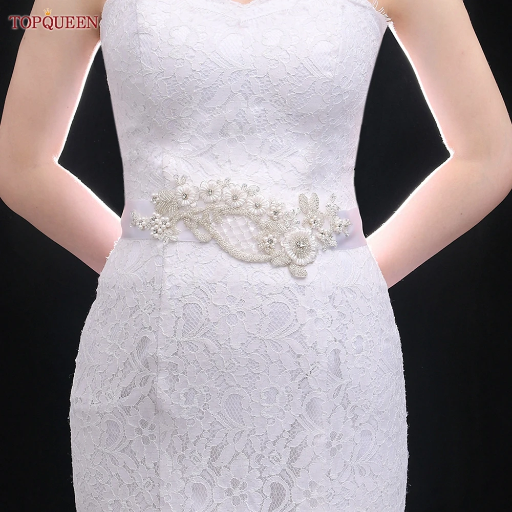 TOPQUEEN Women\'s Lace Handmade White Pearl Applique Belt Prom Party Dress Wedding Belt Woman Flowers Belt For Dress S91