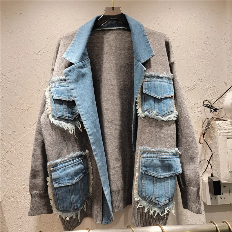 

Women Denim Spliced Suit Knitted Cardigan Pockets Contrast Color Jeans Blazers Long Sleeve Autumn Sweater Coat Tops